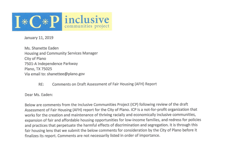 Header and first paragraph of the letter from the Inclusive Communities Project to the City of Plano